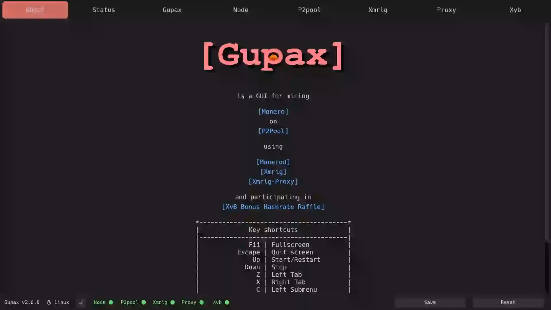 Gupax window showing P2Pool and XMRig status