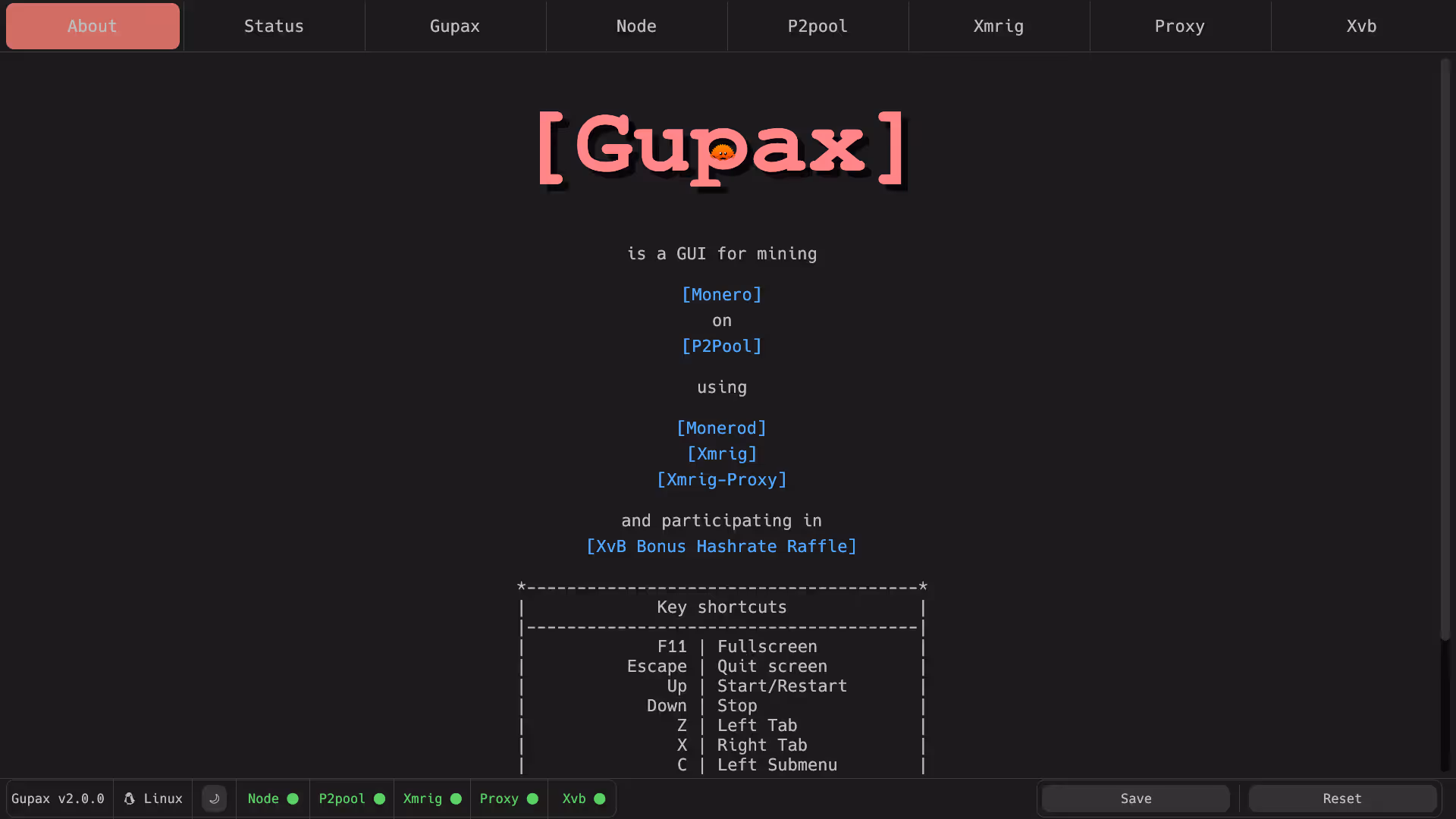 نافذة Gupax تعرض حالة P2Pool و XMRig